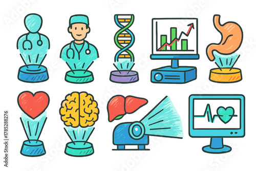 Medical and healthcare outline icon set: anatomy, diagnostics, medical research