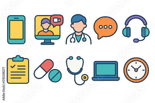 Medical and telehealth flat icon set. Healthcare, communication, digital health icons.