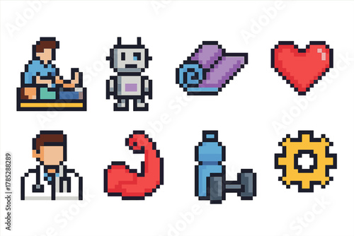 Health and wellness pixel icon set. Fitness, yoga, medical, pixel art icons collection