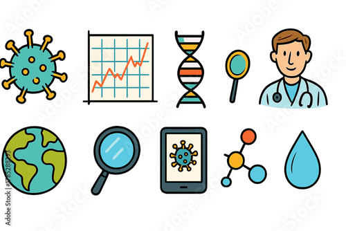 Science and medicine icon set. Diverse healthcare and research icons in flat style