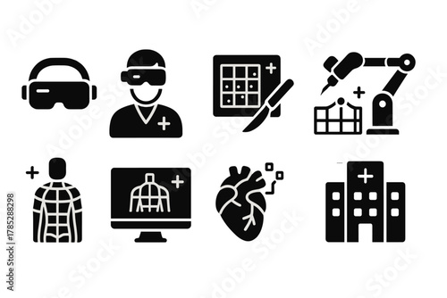 Medical technology solid icon set. Healthcare, surgery, vr, ai, robotics solid icons