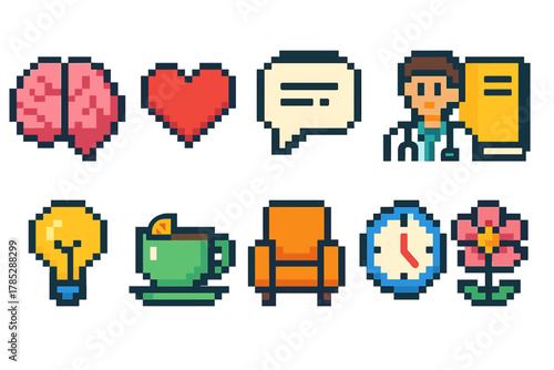 Pixel art icon set. Brain, heart, speech bubble, light bulb 8-bit retro collection