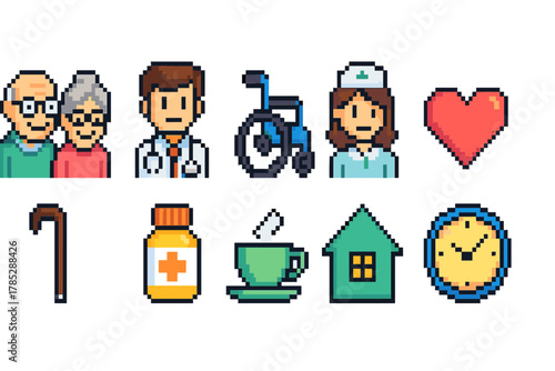 Healthcare and elderly care flat icon set. Medical, senior living icon collection