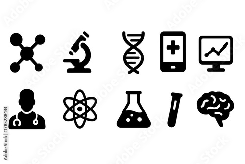 Science and technology solid icon set. Medical, research, lab tools icons collection