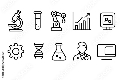 Science and technology line icon set. Lab, research, biotechnology linear collection