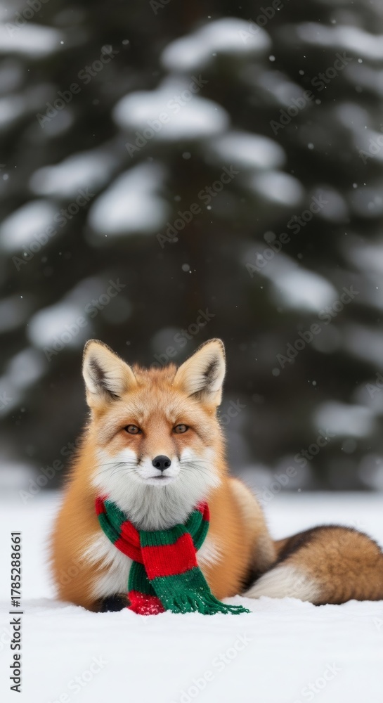Naklejka premium Cute fox wearing a festive Christmas scarf in a snowy winter forest. Wildlife animal in a holiday season setting for greeting card design.
