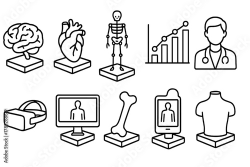 Medical and technology line icon set. Healthcare, anatomy, virtual reality icons collection
