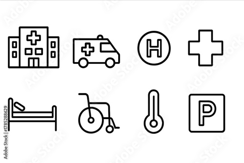 Medical and healthcare outline icon set. Hospital, emergency, and hospitalization icons