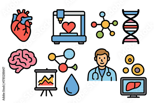 Medical and science flat icon set. Doctor, dna, brain, heart, laboratory icons collection