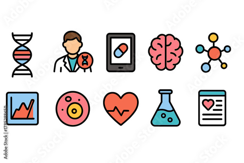 Medical and science flat icon set. Healthcare, biology, chemistry, research symbols.