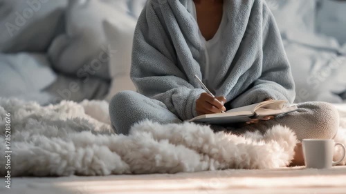 A young woman enjoys a tranquil morning routine, writing in her journal while wrapped in a plush robe on a fluffy bed. The scene radiates comfort, mindfulness, and self care vibes