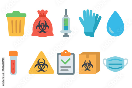 Medical waste flat icon set. Health and safety disposal symbols for healthcare