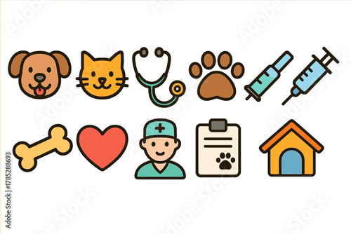 Veterinary and pet care flat icon set. Animal healthcare, clinic icons collection