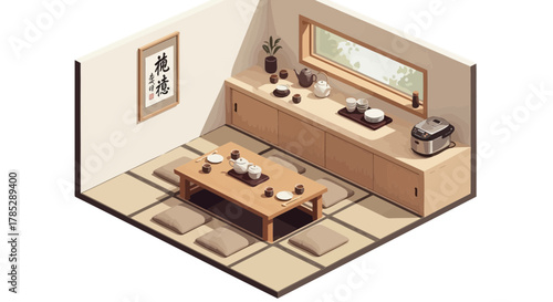 Isometric view of a charming Japanese tea room with tatami mats
