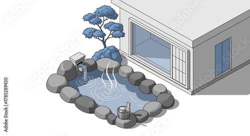Isometric view of a serene japanese onsen with natural elements and modern architecture