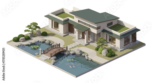 Isometric view of a modern house integrated with a tranquil oriental garden