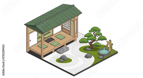 Isometric view of a serene japanese garden with building and water feature