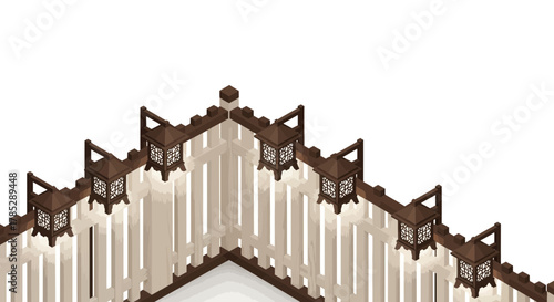 Isometric View of a Traditional Japanese Fence with Lanterns Isolated
