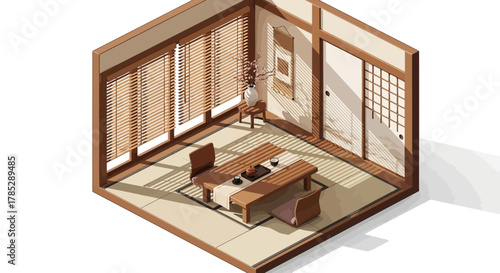 Isometric view of a traditional Japanese room with tea table setting