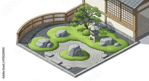 Isometric Zen Garden Illustration, Rocks, Sand Patterns and Traditional Lantern