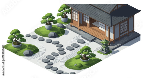 Isometric zen garden illustration with traditional japanese house elements
