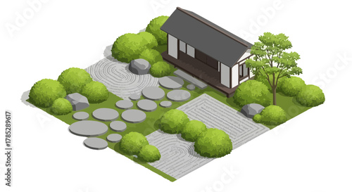 Isometric zen garden rendering, showcasing harmonious design principles