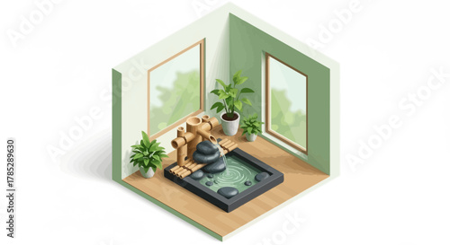 Isometric zen garden visualization, symbolizing tranquility and relaxation space