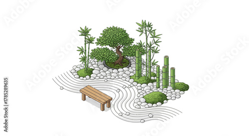 Isometric Zen Garden with Bonsai Tree, Bamboo, and Raked Gravel Design