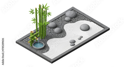 Isometric Zen Garden with Bamboo Fountain, Rocks and Sand Patterns Illustration