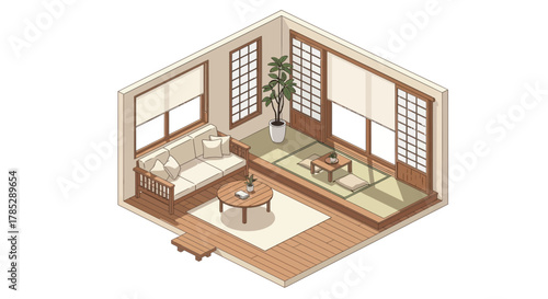 Isometric zen interior rendering showcasing harmonious living arrangement