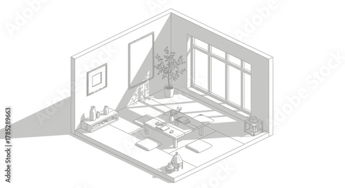 Isometric Zen Room Illustration with Natural Lighting and Minimalist Decor