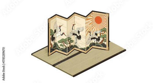 Japanese Cranes Folding Screen Illustration on Tatami Mat, Ancient Style