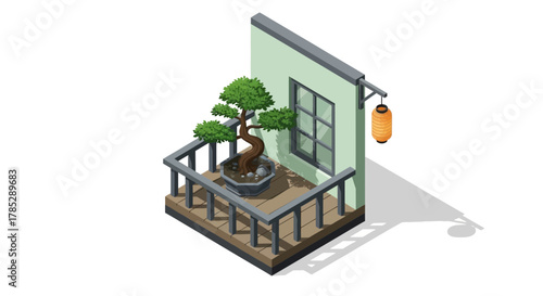 Miniature Japanese garden scene featuring bonsai tree on balcony with lantern