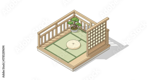 Minimalist isometric japanese room with tatami mats and bonsai tree