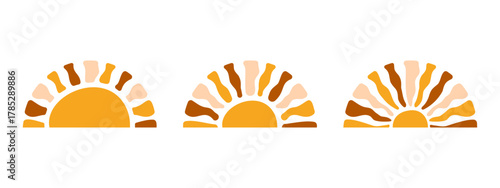 Half sun shapes with wavy rays isolated on whiye background. Sunrise or sunset silhouettes. Spring or summer theme elements. Positive vibes or vacations concept. Funny print. Vector flat illustration.