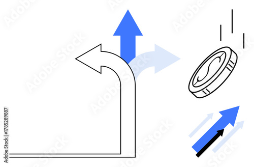 L-shaped arrow, upward arrows, and coin illustrating decision-making, growth, opportunity, financial success, progress, investment and choice. Ideal for business finance career paths innovation