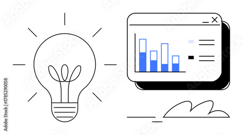 Light bulb with growth leaves and glowing lines next to a bar chart on a browser window. Ideal for innovation, growth, creativity, analytics, data insight, research, strategy, simple flat metaphor