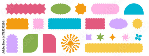 Collection of colorful basic geometric shapes with scalloped edges. Cute y2k forms isolated on white background. Empty textbox, sticker, tag or label templates. Vector flat illustration.
