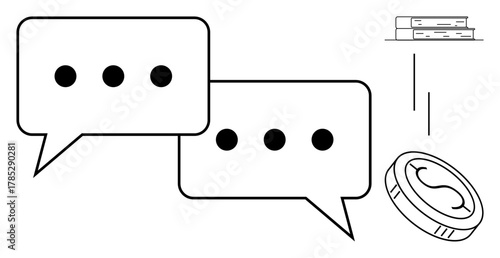 Two speech bubbles for dialogue, a coin for economic value, and books for learning. Ideal for teamwork, conversation, education, consulting, negotiation business communication. Simple flat metaphor