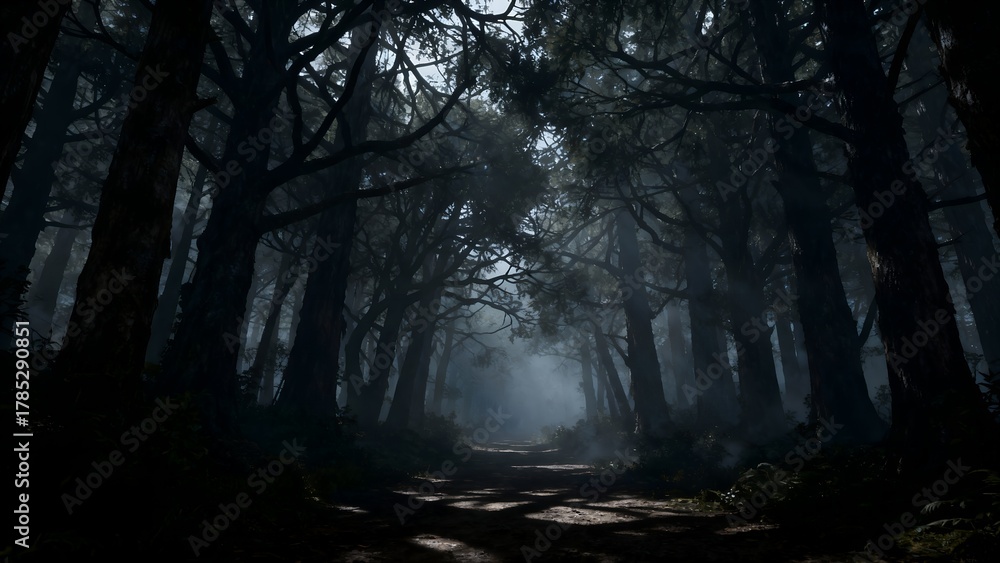 Fototapeta premium 暗い森の入り口 — 鬱蒼とした木々のアーチ