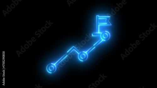 Neon glowing roadmap icon animation depicting a strategic path with milestone flag on dark background.