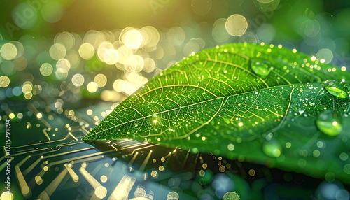 Tech-Nature Fusion: A radiant green leaf, adorned with glistening water droplets, nestles upon a sleek circuit board, symbolizing the convergence of technology and nature's inherent beauty.