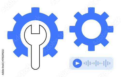 Blue gears, wrench overlay, and audio player interface with waveform visual. Ideal for technology, maintenance, engineering, media settings, software support, adjustments and process optimization