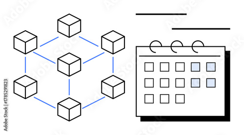 Connected cubes in a blockchain structure beside a calendar highlighting scheduled dates. Ideal for technology, blockchain, time management, planning, data sharing, scheduling, teamwork, simple flat