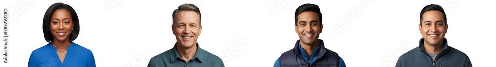 Fototapeta premium Diverse professional headshots: smiling Black meteorologist, Caucasian botanist, South Asian winter camper, Hispanic superintendent. Isolated on transparent background, ideal for corporate, career,