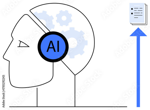 Profile of a human head with AI headphones and internal gears analyzing documents and processing information. Ideal for machine learning, innovation, automation, data analysis, technology, AI