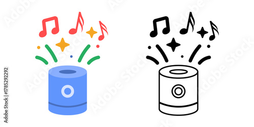 Smart speaker celebration sound icon featuring a speaker with floating music notes and sparkles. Great for festive music themes, holiday playlists, and joyful audio designs.