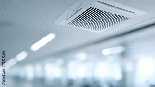 Square ceiling mounted air conditioner unit on white office ceiling for cooling and ventilation in commercial building