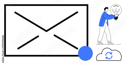 Email envelope as central focus, figure holding lightbulb symbolizing ideas, cloud sync icon, and geometric shapes. Ideal for communication, innovation, email, teamwork, creativity technology