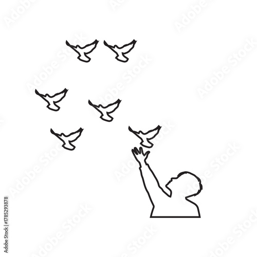 Line art of a person releasing birds to freedom.